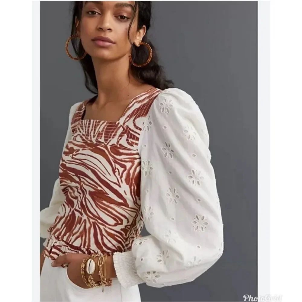 Revolve Anthropologie Love The Label Smocked Puff-Sleeve Brown Zebra Blouse